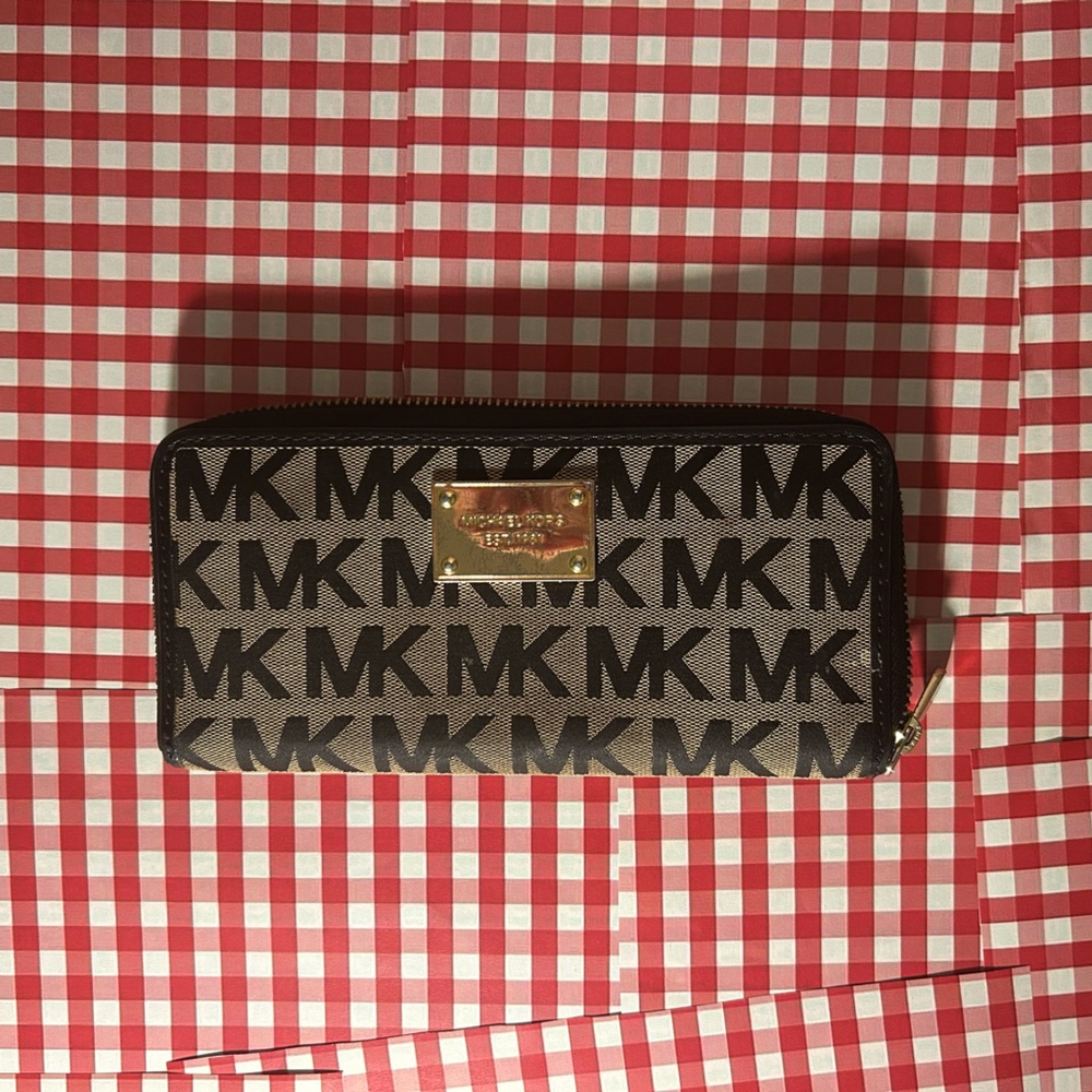 Michael Kors Black and Brown Logo Zip Wallet